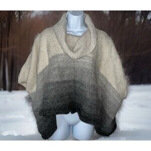 INDIGENOUS Alpaca Wool Poncho (One Size) (Color Block Grey) Neutral Turtleneck